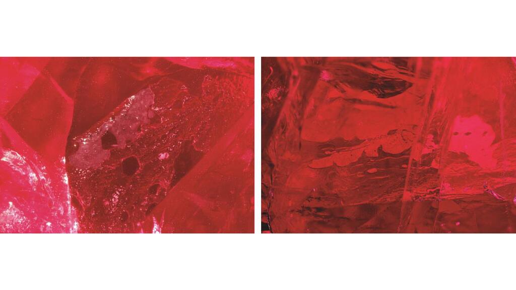 These images show the ruby fracture with whitish filler (left) and trapped air pockets (right). (Photomicrographs by Shiva Sohrabi; fields of view 1.58 mm, left, and 2.90 mm, right) 20231115_Zinc Glass Photomicrographs.jpg